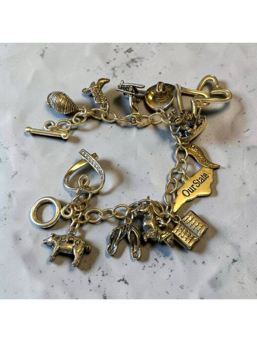 925 Sterling Silver Toggle Cable Chain Charm Bracelet With Heart State Vintage